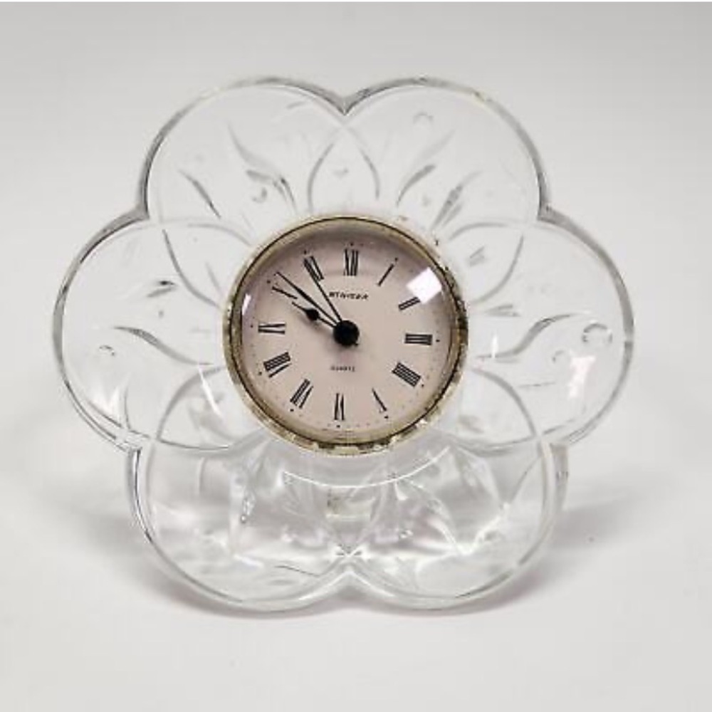 Vintage Staiger Crystal Flower Desk Clock West Germany Quartz Move Clear Glass